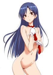 blue_hair clearite female flat_chest highres idolmaster kisaragi_chihaya long_hair necktie nipples nude pubic_hair solo very_long_hair white_background yellow_eyes