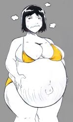 1girls alternate_reality bikini black_hair blush breasts canon_pregnancy edit embarrassed eyes_closed female genshiken golden_bikini golden_week holding_belly huge_ass massive_breasts mayternity milf nasuokaa-san popped_navel pregnant ready_to_pop stretch_marks thick_thighs unnamed_character wide_hips