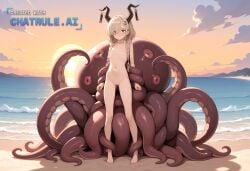 1440p 1girl 8k ai_assisted ai_generated beach cinematic flat_chest freckles navel nipples nude skinny slim_body small struggling sunset tentacles tight_pussy uhd worried young youthful