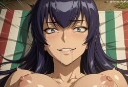 1girl ai_generated artist_name biting_own_lip black_hair blue_eyes blush breasts busujima_saeko collarbone completely_nude drooling emphasis_lines female grin highschool_of_the_dead implied_sex jousneystudio large_breasts long_hair looking_at_viewer lying nipples nude on_back saeko_busujima saliva smile solo teeth