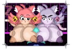 1boy 2girls annoyed bells big_breasts black_hair blue_skin blushing breasts cat_ears cat_tail catgirl deltarune deltarune_chapter_5 double_paizuri green_eyes holding_own_breasts irritable_ghost_(deltarune) kris_(dark_world_form) kris_(deltarune) large_breasts nipples paizuri penis_between_breasts pink_(deltarune) pixel_art self_upload tail zixy