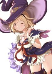 1girls black_thighhighs blonde blonde-haired_female blonde_female blonde_hair blush brown_eyes clearite cleavage djeeta_(granblue_fantasy) female female_only granblue_fantasy holding_panties official_alternate_costume one_eye_closed panties short_hair thighhighs underwear white_panties white_underwear witch_hat