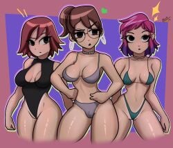 bikini brown_hair chiotosaurio glasses julie_powers kim_pine pink_hair ponytail ramona_flowers red_hair scott_pilgrim scott_pilgrim_takes_off swimsuit