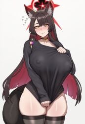 big_areola big_breasts blue_archive blush brown_hair choker eyeshadow fox_ears fox_girl fox_tail nipple_bulge nipples_visible_through_clothing pink_lips pink_lipstick red_eyeshadow red_hair shirt socks tagme truck_kun wakamo_(blue_archive) white_skin yellow_eyes