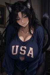 ai_generated baggy_shirt black black_hair cat_ears cat_tail curvy large_breasts