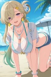 1girl :d ai_generated all_fours beach beach_umbrella bead_bracelet bead_necklace beads bikini bikini_under_clothes blonde_hair blue_shorts blue_sky blush bracelet braid breasts choker cleavage cloud collarbone cutoffs day denim denim_shorts digitalwaifugallery earrings flower food gradient_hair green_hair hair_flower hair_ornament hair_rings hi_res high_quality high_resolution jewelry large_breasts long_hair looking_at_viewer lynae_(wuthering_waves) micro_shorts multicolored_hair necklace ocean open_fly open_mouth outdoors palm_tree patreon purple_eyes sandals seductive see-through see-through_shirt sexy shell shell_hair_ornament shell_necklace shirt short_shorts short_sleeves shorts sky smile solo swimsuit teeth thighs tree umbrella uncensored watermark white_choker white_shirt wuthering_waves