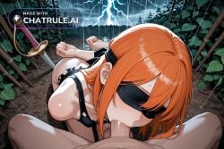 1girl ai_assisted ai_generated arm_at_side balls_deep bare_shoulders brown_eyes deep deepthroat dominated facing_viewer from_side groin hands_behind_back high_quality highres holding_sword holding_weapon linea_alba looking_ahead looking_at_viewer nami_(one_piece) one_piece orange_hair parted_lips petite_body pov ripped_clothes sitting_on_knees skinny small_breasts small_tits smile tiny_tits young