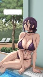1girls ai_generated big_breasts bikini chainsaw_man choker curvy curvy_body curvy_female curvy_figure green_eyes huge_breasts kyoru189 large_breasts light-skinned_female light_skin looking_away looking_up mature_female pool purple_hair reze_(chainsaw_man) shiny shiny_skin sitting solo solo_female tree