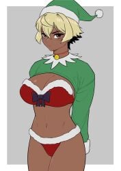1girl 1girls arms_behind_back belly_button black_hair breasts choker christmas christmas_clothing christmas_hat christmas_outfit covering_breasts dark-skinned_female dark_skin female female_focus female_only hat large_breasts looking_at_viewer oc orange_hair original original_character original_characters saki_(sambalteracy) sambalteracy serious serious_face serious_look solo solo_focus two-tone_hair yellow_hair