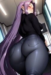 1girl ai_generated ass ass_focus black_sweater blush breasts breath closed_mouth denim fate/stay_night fate_(series) forehead from_behind from_below huge_ass indoors jeans large_breasts long_hair long_sleeves looking_at_viewer looking_back medusa medusa_(fate) medusa_(rider)_(fate) naughty_face pants purple_eyes purple_hair reviaiart smile solo sweater thighs turtleneck turtleneck_sweater very_long_hair window