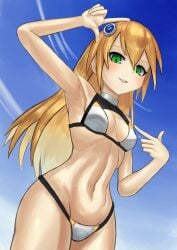 1girls arc_system_works arm_up armpits bikini blazblue blonde_hair breasts cleavage female female_only from_below green_eyes half-closed_eyes highres legs looking_at_viewer looking_down medium_breasts navel noel_vermillion open_mouth pointing pointing_at_self seductive seductive_look seductive_smile smile solo swimsuit teeth thighs thong thong_bikini toned tongue white_bikini