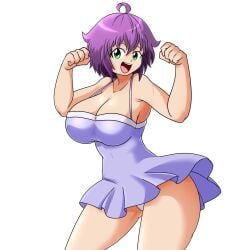 1girls big_breasts borrowed_character breasts busty cleavage clenched_hands female female_only flexing green_eyes highres large_breasts legs looking_at_viewer open_mouth original panties pantyshot pose posing purple_hair short_hair smile solo teeth thighs tongue underwear voluptuous yukino_akaihi yukino_memories