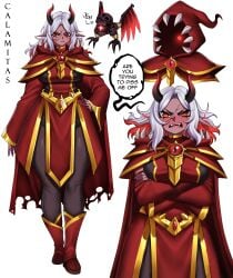 big_breasts bling calamitas calamity_mod cape character_sheet cracked_face crossed_arms glowing_eyes horns jim rageman709 red_eyes robe sassy tan_skin terraria thick_thighs white_hair wide_hips