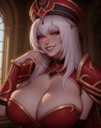 1girl 1girls ai_generated armor blizzard_entertainment cleavage evil_grin evil_smile hat huge_breasts looking_at_viewer red_eyes sally_whitemane smug solo tagme teeth whistlthistl white_hair world_of_warcraft