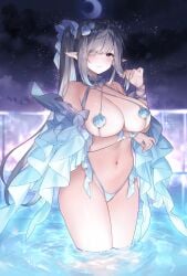 1girls ass bikini bikini_bottom bikini_top breasts clothed collar dress elf elf_ears elf_female elf_girl female female_only frilled_collar gray_hair hair_ornament hair_ribbon highleg highres in_water large_breasts long_hair micro_bikini original pointy_ears robe shell_bikini side_ponytail silver_hair solo solo_female sora_72-iro straight_hair tied_hair water