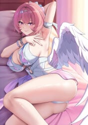 1girl armpits ass bed blue_ribbon blush bracelet breasts closed_mouth dress feathered_wings fingernails hair_intakes hair_ornament hair_ribbon highres jewelry large_breasts lying medium_hair nail_polish on_side panties pink_eyes pink_hair pink_lips pink_nails pink_ribbon remielle_dan remielle_dan_(seashade_pas_seul) ribbon shell shell_hair_ornament smile solo thighs underwear white_dress white_panties white_ribbon white_wings wings yuj_(moemarket) zenless_zone_zero