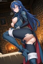 1girl ai_generated anus armor ass bed blue_eyes blue_gloves blue_hair blush boots breasts breasts_out breath brick_wall candle cape censored closed_mouth colored_pubic_hair digitalwaifugallery female_pubic_hair fingerless_gloves fire_emblem gloves hair_between_eyes hi_res high_quality high_resolution indoors long_hair looking_at_viewer lucina_(fire_emblem) medium_breasts nipples patreon pubic_hair pussy pussy_juice seductive sexy shoulder_armor smile solo standing standing_on_one_leg sweat symbol-shaped_pupils thigh_boots thighhighs tiara torn_clothes uncensored watermark