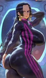 1girls ai_generated big_ass big_breasts black_hair blue_eyes boa_hancock bodysuit curvy curvy_body curvy_female curvy_figure earrings huge_ass huge_breasts large_ass large_breasts light-skinned_female light_skin long_hair looking_at_viewer mature_female milf one_piece shiny shiny_skin solo solo_female