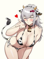 1girl alternate_costume animal_ear_hairband animal_ears animal_print bell bent_over bikini blowing_kiss blush breasts commentary_request cow_ear_hairband cow_ears cow_horns cow_print cow_print_bikini cow_tail cowbell fake_animal_ears fake_horns fake_tail goddess_of_victory:_nikke hair_between_eyes hairband heart highres horns large_breasts long_hair looking_at_viewer navel one_eye_closed print_bikini scar scar_on_stomach side-tie_bikini_bottom sidelocks solo standing swimsuit tail thigh_gap thighs white_hair yellow_eyes yulha_(nikke)