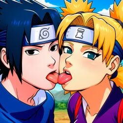 1boy 1girls ai_generated black_eyes black_hair clothed clothed_female clothed_male female french_kiss green_eyes headband headwear light-skinned_female light-skinned_male light_skin male naruto_(classic) naruto_(series) novelai outdoors outside sandy_blonde_hair sasuke_uchiha temari tongue tongue_kiss tongue_out