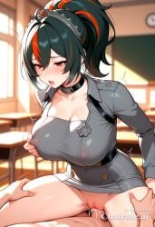 1girl ai_assisted ai_generated black_hair classroom cock_in_pussy collar collarbone cowgirl creampie grey_dress inside leaning_forward long_dress long_sleeves moaning parted_bangs pencil_dress ponytail pussy_sex red_eyes red_hair saliva shaking side_view sleeveless_dress spread_legs streaked_hair zhu_yuan
