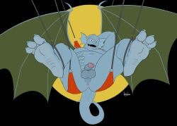 3_toes abstract_background absurd_res anus ass balls blue_body blue_skin broadway_(gargoyles) countershade_feet countershading digital_media_(artwork) disney feet foot_focus gargoyle gargoyles genitals half-erect hi_res humanoid legs_held_up looking_at_viewer lying male male_only nipples not_furry nude on_back overweight overweight_male penis presenting presenting_anus sex_swing simple_background smile soles solo spiffygreen tail toes wings