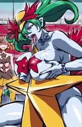 2024 2girls absurd_res big_breasts bishoujo_senshi_sailor_moon blue_eyes blue_skin bracelet breasts breasts_squeezed_together bright_pupils brown_hair colored_skin cowboy_shot curvy death_busters demon_girl disgust faceless faceless_female fellatio fellatio_gesture female_pervert grabbing_own_breast green_hair hand_on_own_hip highres huge_ass indoors jewelry large_breasts long_hair looking_at_another looking_at_viewer mamesi-ii mamesi_(suhk8583) medium_hair mimete mosaic_censoring oral paizuri partially_visible_vulva pasties pervert pink_background pointy_ears revealing_clothes shaded_face shiny_skin simple_background smile standing star-shaped_pupils star_(symbol) star_pasties symbol-shaped_pupils thighs tiara titfuck tongue tongue_out twintails u-chouten very_high_resolution wide_hips