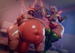 2girls 3d about_to_burst bbw bikini bonkshonk cassia_(bonkshonk) cat_ears cathrine_(bonkshonk) cghonk christmas drunk fat female female_focus force_feeding funnel huge_ass huge_belly huge_breasts huge_nipples looking_at_belly messy obese obese_female overweight overweight_female ready_to_pop stretch_marks stuffing swollen_belly thick_thighs thigh_squish thighs treasure_trail wide_eyed wide_hips