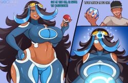 1boy 1girls big_ass big_breasts black_hair blue_background blue_eyes blue_highlights blue_theme commission corruption dark-skinned_female dark_skin dialogue drevod female_focus game_freak goggles goggles_on_head holding_object holding_pokeball hypnosis midriff mind_control nintendo pokeball pokemon pokemon_oras servant shelly_(pokemon) shelly_(pokemon_oras) solo_focus team_aqua text