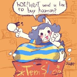 anthro beverage big_breasts bodily_fluids breasts coffee female hi_res huge_breasts hyper hyper_breasts milk nucr4r onomatopoeia solo sound_effects speech_bubble tem temmie_(undertale) text undertale undertale_(series)