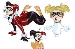 1girls 2024 ajuroc blonde_hair blush breasts dc dc_comics feet green_eyes harley_quinn jester pinup skintight_bodysuit smiling tongue_out