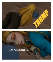 breath_of_the_wild comic_page drugged eyes_rolled_back eyes_rolling_back knocked_out princess_zelda quiet_(metal_gear) source_filmmaker the_legend_of_zelda tranquilizer tranquilizer_dart unconscious zelda_(breath_of_the_wild)