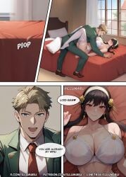 1boy 1boy1girl 1girls 2024 ai_generated blush bra comic detailed doujinshi english english_text female female_focus garter_straps happy hi_res illumaru laying_down lingerie loid_forger man_on_top manga manga_page on_back on_bed on_top panties patreon_username spy_x_family stable_diffusion underwear white_bra white_panties white_stockings yor_briar yor_forger