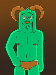 anthro bovid bulge bulge_through_clothing caitsquartrs fang fur_tuft goat goat_horns green_fur half-closed_eyes ian_avenue ian_avenue_(deltagrad124) long_ears mustache_stubble nipples oc orange_eyes orange_horns orange_insides orange_nipples orange_underwear turquoise_fur waistband yellow_sclera