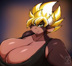 big_breasts bovid bovine breasts cleavage female furry huge_breasts summer_(jwinkz) super_saiyan superix