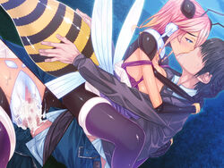 1boy 1girls antennae bee_girl big_breasts breasts censored clothed_sex clothing cum cum_inside female insect_girl insect_wings kissing male monster_girl multi_arm multi_limb saliva sei_monmusu_gakuen sex sideboob straight thorax vanadis wings