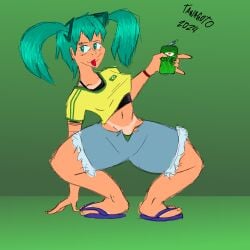 blue_eyes blue_hair brazil brazilian brazilian_female brazilian_miku female green_hair hatsune_miku latin_american_hatsune_miku_(meme) sandals spread_legs tan_body tan_lines tawagoto_(probros) vocaloid