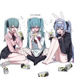 3girls annoyed annoyed_expression barefoot blush bunny_ears caststation feet fishnets green_eyes green_hair hatsune_miku rabbit_hole_(deco*27/caststation) rabbit_hole_(vocaloid) sitting sitting_down sitting_on_floor skirt slim_waist socks teenager tied_hair translated