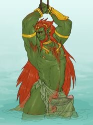 1boy 1male background chest_hair color dark_green_skin earrings erect_penis erection ganondorf golden_bracelets golden_earrings green_skin hairy_chest hairy_testicles lake large_penis large_testicles male_nipples male_only nipple_piercing pencilbrusch penis penis_visible_through_loincloth pubes pubic_hair red_hair rehydrated_ganondorf solo solo_male testicle_hair testicles the_legend_of_zelda water