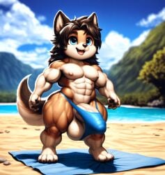 4_fingers abs ai_generated anthro anthro_only beach beachwear biceps blue_eyes bodybuilder calves clawed_toes cub cute erection erection_under_clothes furry furry_male furry_only german_shepherd handsome hard_nipples hunk long_hair male_only muscle muscular nai_diffusion nonchalant pecs pectorals penis_outline shameless shortstack small_but_hung solo standing tenting thick_thighs thong_only tight_fit tropical veiny_penis veiny_testicles wide_hips young