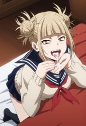 1girls after_deepthroat after_oral ai_generated bedroom blonde_hair boku_no_hero_academia cum_in_mouth cute double_bun fellatio female fossillight fringe himiko_toga looking_at_viewer my_hero_academia naughty_face open_mouth oral pale-skinned_female petite school_uniform schoolgirl seductive_eyes seductive_smile skinny slim sucking_penis swallowing swallowing_cum teenager throat toga_himiko tongue_out yellow_eyes