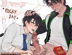 2boys 2d black_hair black_jacket blue_necktie blush censored collared_shirt feet_out_of_frame fellatio food food_in_mouth gay grabbing_another's_hair green_trim holding holding_another's_hair holding_food jacket kim_dokja male male_focus male_only mosaic_censoring multiple_boys necktie no_pants omniscient_reader's_viewpoint oral pocky pocky_in_mouth pubic_hair shirt short_hair sleeves_rolled_up sweatdrop tagme taotaille tongue tongue_out white_shirt yaoi yoo_joonghyuk