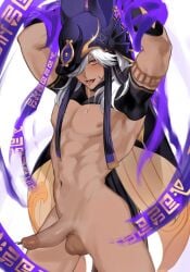 1boy animal_hat arm_tattoo arms_up black_shirt blush crop_top cyno_(genshin_impact) genshin_impact grey_hair hair_over_one_eye hat highres long_hair male_focus muscular muscular_male navel nipples nude penis ra_gi_ren red_eyes saliva shirt solo solo_male stomach tan-skinned_male tan_skin tattoo testicles tongue tongue_out white_hair