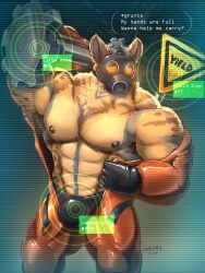 2023 abs anthro barazoku bedroom_eyes biceps big_muscles biped bodily_fluids brown_body brown_fur clothing fur furry gas_mask glaucablitz gloves handwear hi_res hyena latex latex_clothing latex_gloves latex_handwear lethal_company looking_at_viewer male mammal mask muscular muscular_anthro muscular_male narrowed_eyes pecs seductive solo sweat sweatdrop sweaty_body talking_to_viewer