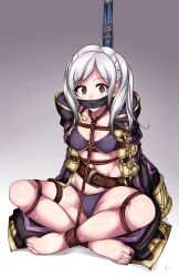 1girls absurdres alternate_costume arms_behind_back belly bikini bondage bound bound_arms bound_legs breasts female female_only fire_emblem fire_emblem_awakening fire_emblem_heroes gag gagged highres kalindorf looking_at_viewer medium_breasts midriff navel nintendo official_alternate_costume purple_bikini purple_swimsuit robin_(fire_emblem) robin_(fire_emblem)_(female) rope solo sweat swimsuit underboob