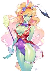 2024 animal_ears bare_legs bare_shoulders bishoujo_senshi_sailor_moon blonde_hair breasts bunny_ears bunny_ears_(cosmetic) bunnysuit cleavage clothing colored_skin covered_navel curvy death_busters demon_girl detached_collar eyelashes fake_animal_ears female green_eyes green_skin hi_res highleg highleg_leotard highres holding holding_wand large_breasts legs_together leotard light_blush long_hair looking_at_viewer matsuda_(matsukichi) medium_breasts orange_hair peropero_(sailor_moon) purple_leotard rabbit_ears thigh_strap very_long_hair wand white_background wrist_cuffs