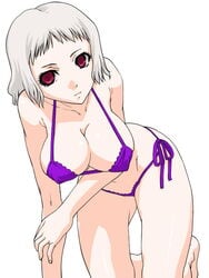 albino bikini bra fate/stay_night fate_(series) large_breasts leysritt looking_at_viewer pale-skinned_female pointy_chin red_eyes swimsuit thick_thighs thighs voluptuous white_background white_hair