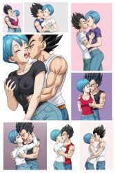 1boy ai_generated black_eyes black_hair blue_eyes blue_hair breast_grab bulma_briefs civitai collage couple dragon_ball dragon_ball_super female french_kiss jeans kissing kissing long_hair multiple_views muscular muscular_male short_hair tank_top tanktop tongue_kiss vegeta