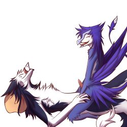 anal anthro avian beak blue_body blue_feathers closed_eyes cowgirl_position duo erection feathers from_front_position genitals kanevex male male/male nevrean nude on_bottom on_top penis pillow sergal sex smile tail tongue tongue_out