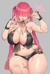 big_breasts calves hair_over_eyes huge_breasts knees perfect_legs ryo_agawa shiny_skin skindentation slightly_chubby stomach thick_thighs thighs thighs_together tongue tongue_out